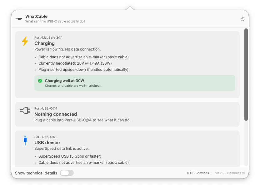 Show HN: WhatCable, a tiny menu bar app for inspecting USB-C cables